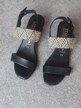Italian Shoemakers Black Sandals with Black-and-tan Braided Strap